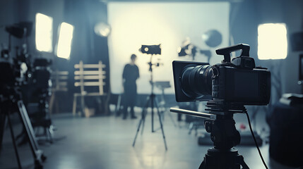 Professional video camera on tripod in studio with lighting