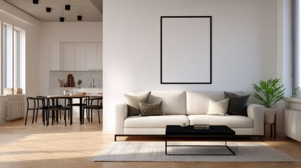 Modern living room interior beige sofa coffee table dining area and large frame