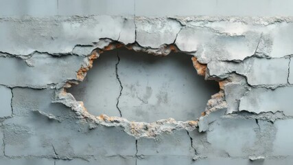 Large hole cracked concrete wall peeling paint rough texture broken edges damage decay weathering inner layers showing signs wear irregular hole revealing rough broken texture decay damage - Powered by Adobe