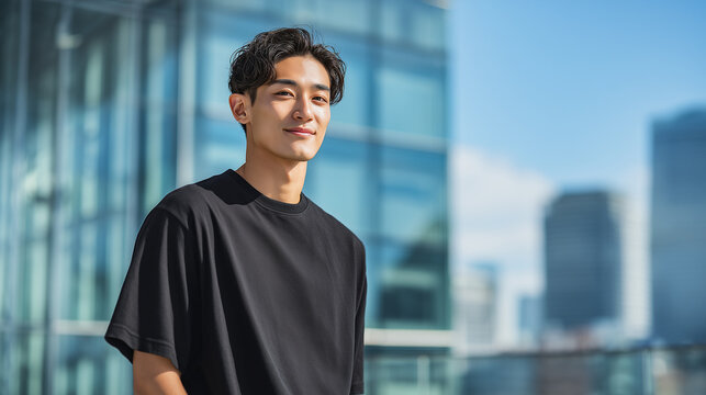 オフィス街を背景に自信に満ちた表情の若い男性 | モダンな都市風景