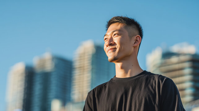 青空と都市を背景に笑顔で上を見上げる若い男性 | 爽やかな自然光