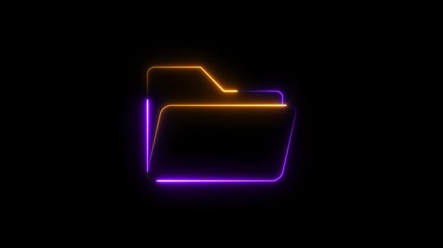Neon File folder icons animation on black background. Glowing folder icon concept animated. Folder icon isolated 4k video. Document folder.