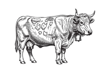 Fototapeta premium Dairy Cow with Bell Vector Engraving Illustration