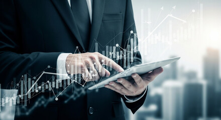 Businessman in suit analyzing financial data on a tablet with city skyline in the background