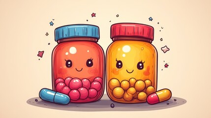 Two cartoon medicine bottles with cute faces.