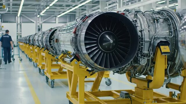 Assembly line showcases the manufacture of modern turbine engines in a factory setting