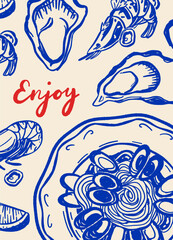 Hand drawn seafood poster in Mediterranean style featuring lobster, sardines, oysters, shrimps, and lemon. Vintage blue line art perfect for restaurant menus and gourmet branding.