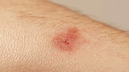 Fototapeta premium Close-up of a small, red, inflamed wound on a person's arm with a tiny puncture.