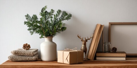 Serene Winter Shelf: Evergreen, Gift, and Rustic Decor
