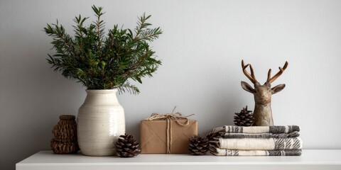 Rustic Winter Decor: Greenery, Deer Figurine, and Gift