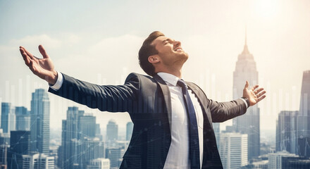 Businessman in suit with arms outstretched against a cityscape background in the bright sunlight