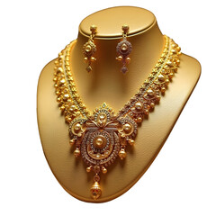 Ornate Gold Necklace Set with White Gemstones Displayed on Tan Jewelry Stand isolated on a transparent background