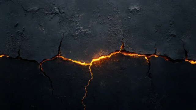 Cracked dark surface glowing with fiery orange light through fissures, rough texture illuminated by intense glowing light, fiery fissure creating dramatic glowing orange texture on rough dark surface