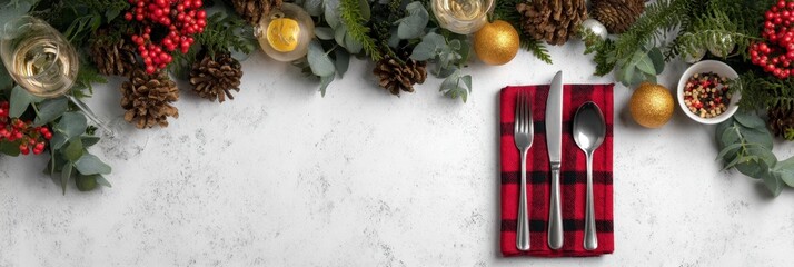 Festive Christmas Table Setting: Elegant Cutlery and Natural Decor