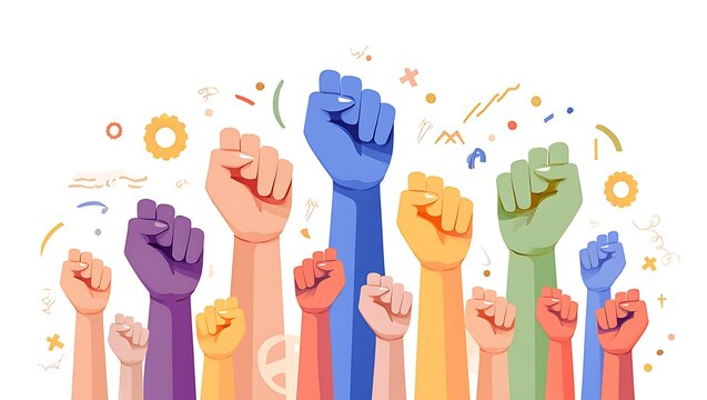 Many raised fists of diverse colors show unity and strength