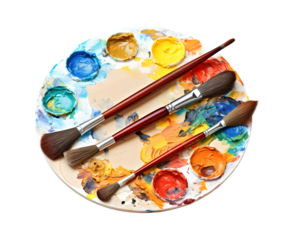 An artists palette with paint and brushes is isolated on transparent background