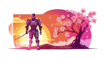Obraz premium Cyberpunk samurai robot warrior with katana sword and cherry blossom tree oriental landscape vector art