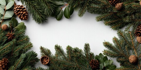 Evergreen Frame: Festive Greenery, Cones, and Spices in a Rustic Style