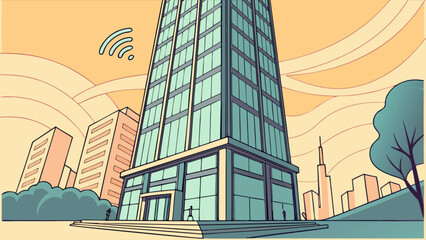 Skyscraper office building downtown illustration with wifi signal and city skyline background design vector