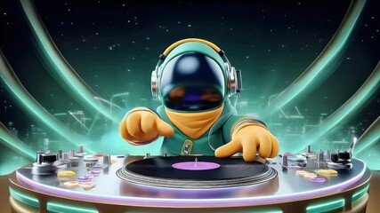 Animated dj astronaut mixing music on turntable