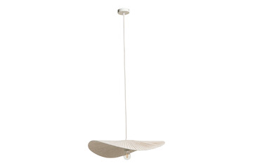 Modern pleated fabric pendant light with exposed bulb isolated on transparent background