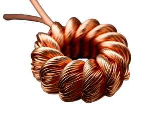 Closeup of a Copper Transformer Coil with Visible Coils Arranged in a Circular Pattern isolated on a transparent background