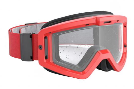 Red ski goggles with clear lens and black accents