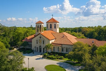 Fototapeta premium View of Christ the King Sanctuary surrounded by lush trees on a sunny day, Aerial view of Christ the King Sanctuary