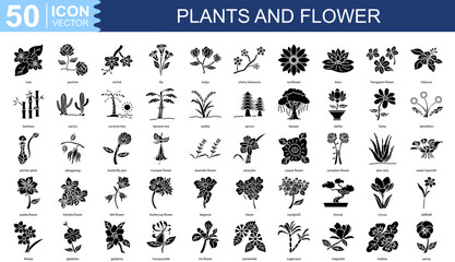 plants and flower icon collection set. Containing rose, jasmine, orchid, lily, tulips, cherry blossoms, sunflower, lotus icon