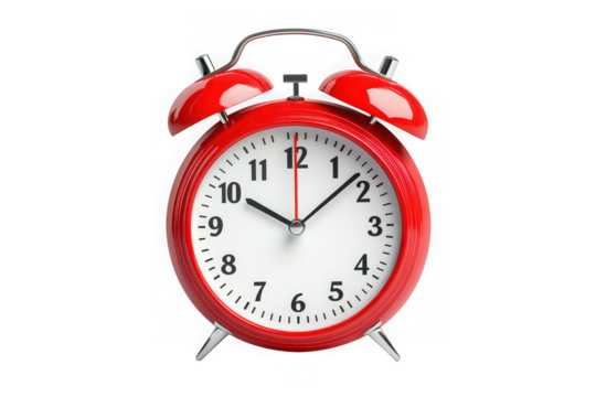 Red vintage alarm clock time reminder deadline urgency punctuality wake up call ticking isolated on transparent background