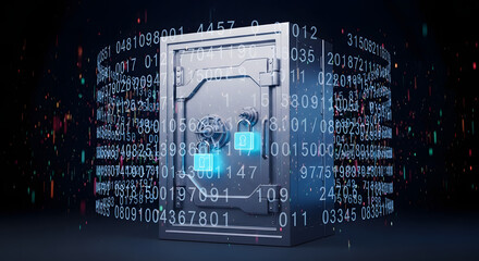 Secure financial data is symbolized by a digital vault surrounded by code and glowing locks representing data protection.