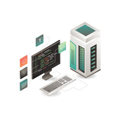 Isometric Server Room and Coding Development Illustration