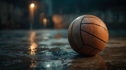 Wet Basketball Sitting on Outdoor Court at Night with Street Light in Background