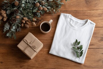 White T-shirt with Gift and Coffee on Wooden Table