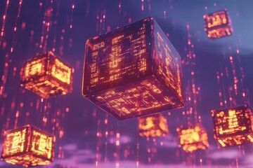 Digital cubes with luminous program code floating in a futuristic environment at dusk, Digital cubes with program code levitate in mid air Big data concept 3D render