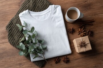 White T-shirt Mockup with Coffee, Gift, and Greenery on Wooden Table