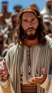 esus Christ stands in an outdoor setting, teaching a large, diverse crowd of people who are intently listening