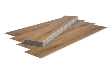 Stack of wood grain vinyl plank flooring isolated on transparent background