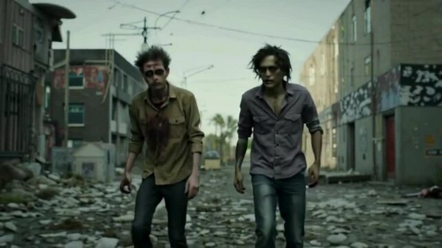 Scary zombies are walking through a deserted and abandoned city. The concept of the zombie-apocalypse. Animation for fantasy, fiction, zombie and apocalypse backgrounds.