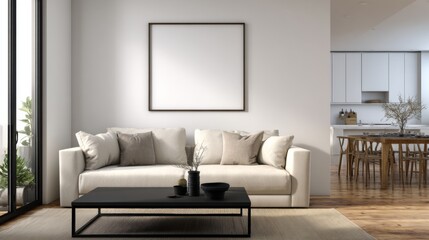 Modern living room interior design beige sofa coffee table and large framed artwork
