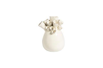 Unique off white ceramic vase with organic coral like top isolated on transparent background