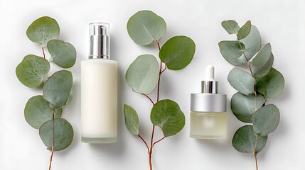 Minimalist Skincare with Eucalyptus Leaves on White Background, Product Photography