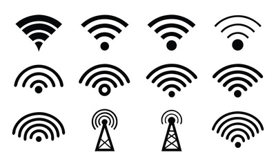 Set of twelve different black and white wireless wifi icons for various web and app designs