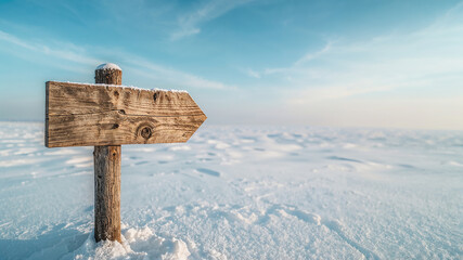 Fototapeta premium Wooden signpost pointing across snowy landscape