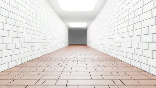 Modern interior corridor with white wall tiles, brown floor, and ceiling light, showcasing clean design and strong perspective in hallway tile setting