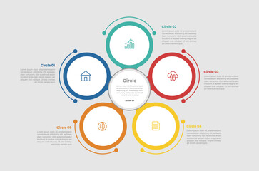 circle shape infographic diagram with circular circle on centered base base with 5 step for slide presentation
