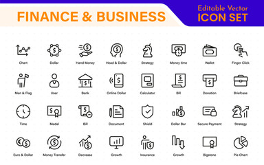 Finance and business line icons collection. Big UI icon set in a flat design. Thin outline icons pack.