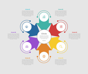 circle shape infographic diagram with circle and arrow centered direction with 6 step for slide presentation