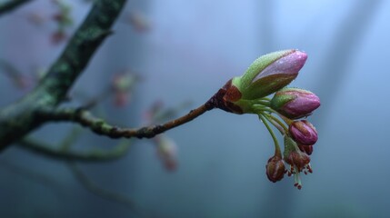 Delicate pink flower buds on branch