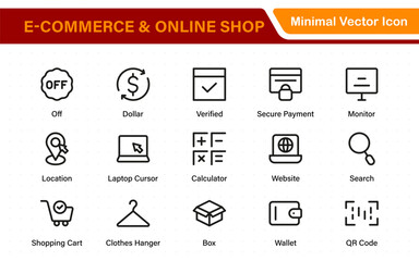 E-Commerce set of web icons in line style. Online shopping icons for web and mobile app. Business, mobile shop, digital marketing, bank card, gifts, sale, delivery. Vector illustration